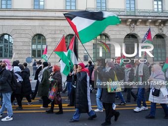 A demonstration in Munich, Germany, on November 16, 2024, includes pro-Palestinian demonstrators and pro-Israeli counter-demonstrators with...