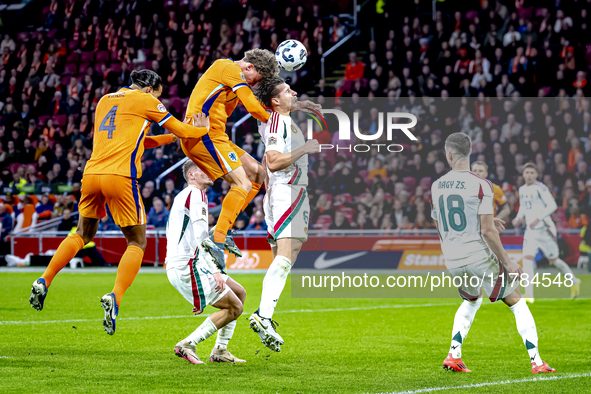 Netherlands midfielder Mats Wieffer participates in the match between the Netherlands and Hungary at the Johan Cruijff ArenA for the UEFA Na...