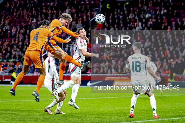 Netherlands midfielder Mats Wieffer participates in the match between the Netherlands and Hungary at the Johan Cruijff ArenA for the UEFA Na...