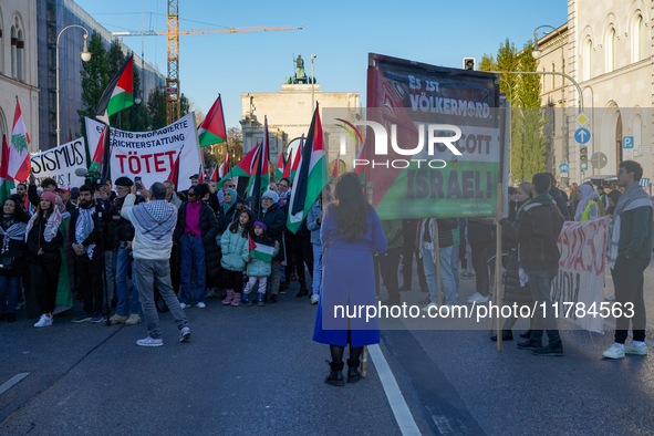 A demonstration in Munich, Germany, on November 16, 2024, includes pro-Palestinian demonstrators and pro-Israeli counter-demonstrators with...