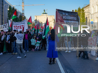 A demonstration in Munich, Germany, on November 16, 2024, includes pro-Palestinian demonstrators and pro-Israeli counter-demonstrators with...