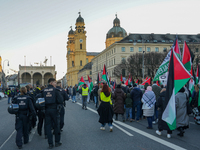 A demonstration in Munich, Germany, on November 16, 2024, includes pro-Palestinian demonstrators and pro-Israeli counter-demonstrators with...