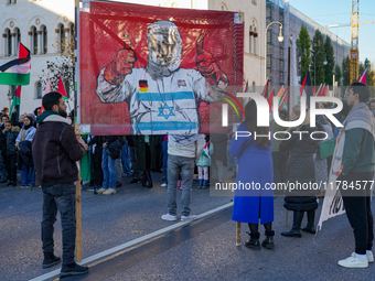 A demonstration in Munich, Germany, on November 16, 2024, includes pro-Palestinian demonstrators and pro-Israeli counter-demonstrators with...