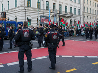 A demonstration in Munich, Germany, on November 16, 2024, includes pro-Palestinian demonstrators and pro-Israeli counter-demonstrators with...