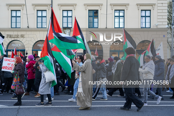 A demonstration in Munich, Germany, on November 16, 2024, includes pro-Palestinian demonstrators and pro-Israeli counter-demonstrators with...