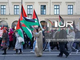 A demonstration in Munich, Germany, on November 16, 2024, includes pro-Palestinian demonstrators and pro-Israeli counter-demonstrators with...