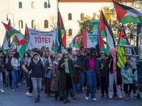 A demonstration in Munich, Germany, on November 16, 2024, includes pro-Palestinian demonstrators and pro-Israeli counter-demonstrators with...