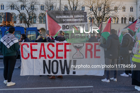 A demonstration in Munich, Germany, on November 16, 2024, includes pro-Palestinian demonstrators and pro-Israeli counter-demonstrators with...