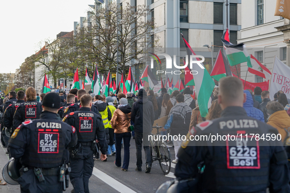 A demonstration in Munich, Germany, on November 16, 2024, includes pro-Palestinian demonstrators and pro-Israeli counter-demonstrators with...