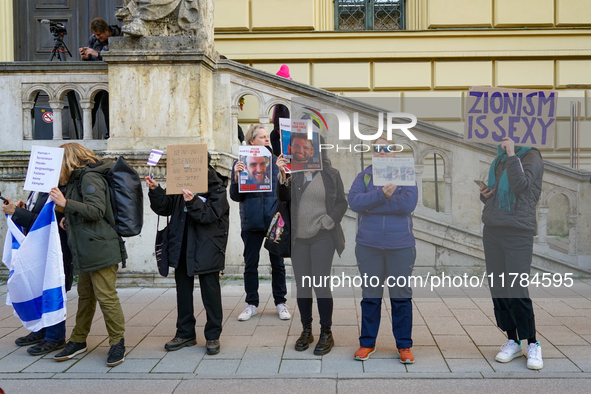 A demonstration in Munich, Germany, on November 16, 2024, includes pro-Palestinian demonstrators and pro-Israeli counter-demonstrators with...