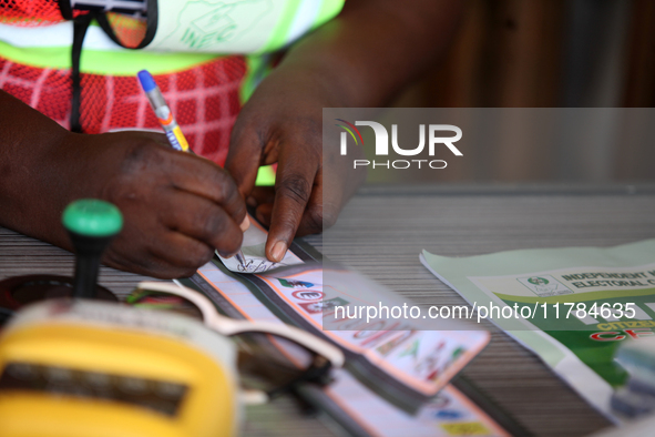 An INEC official signs a ballot paper during the 2024 Governorship election for Ondo State in Obenla, Ilaje, Local Government Area, Ondo Sta...