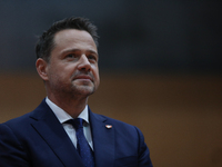 In Krakow, Poland, on November 16, 2024, Rafal Trzaskowski, a candidate for president in the primaries, attends a meeting at Hala Com-Com Zo...