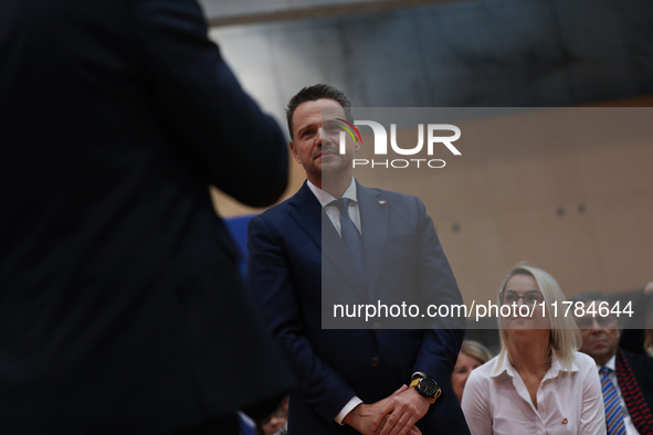 In Krakow, Poland, on November 16, 2024, Rafal Trzaskowski, a candidate for president in the primaries, attends a meeting at Hala Com-Com Zo...