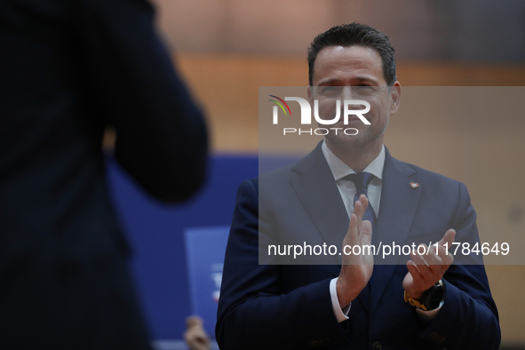 In Krakow, Poland, on November 16, 2024, Rafal Trzaskowski, a candidate for president in the primaries, attends a meeting at Hala Com-Com Zo...