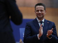 In Krakow, Poland, on November 16, 2024, Rafal Trzaskowski, a candidate for president in the primaries, attends a meeting at Hala Com-Com Zo...