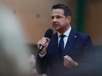 In Krakow, Poland, on November 16, 2024, Rafal Trzaskowski, a candidate for president in the primaries, attends a meeting at Hala Com-Com Zo...