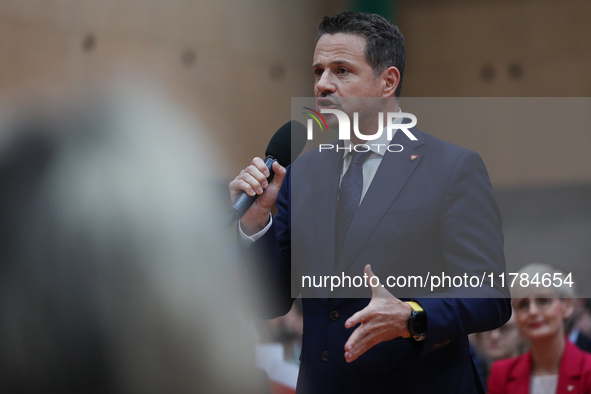 In Krakow, Poland, on November 16, 2024, Rafal Trzaskowski, a candidate for president in the primaries, attends a meeting at Hala Com-Com Zo...