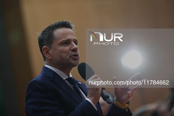 In Krakow, Poland, on November 16, 2024, Rafal Trzaskowski, a candidate for president in the primaries, attends a meeting at Hala Com-Com Zo...