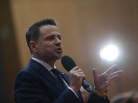 In Krakow, Poland, on November 16, 2024, Rafal Trzaskowski, a candidate for president in the primaries, attends a meeting at Hala Com-Com Zo...