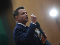 In Krakow, Poland, on November 16, 2024, Rafal Trzaskowski, a candidate for president in the primaries, attends a meeting at Hala Com-Com Zo...