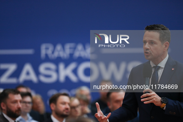 In Krakow, Poland, on November 16, 2024, Rafal Trzaskowski, a candidate for president in the primaries, attends a meeting at Hala Com-Com Zo...