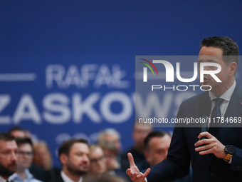 In Krakow, Poland, on November 16, 2024, Rafal Trzaskowski, a candidate for president in the primaries, attends a meeting at Hala Com-Com Zo...