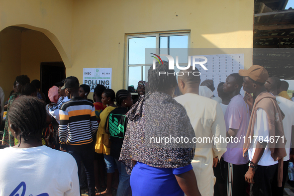 Voters queue during the 2024 Governorship election for Ondo State in Obenla, Ilaje, Local Government Area, Ondo State, Nigeria, on November...