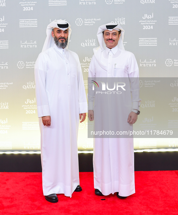 Abdulla Al Mosallam, CAO of the Ajyal Film Festival, and Mohamed Bin Hamad Al Thani attend the ''Sudan, Remember Us'' red carpet during the...