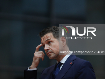 In Krakow, Poland, on November 16, 2024, Rafal Trzaskowski, a candidate for president in the primaries, attends a meeting at Hala Com-Com Zo...