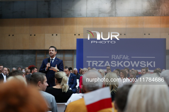 In Krakow, Poland, on November 16, 2024, Rafal Trzaskowski, a candidate for president in the primaries, attends a meeting at Hala Com-Com Zo...