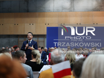 In Krakow, Poland, on November 16, 2024, Rafal Trzaskowski, a candidate for president in the primaries, attends a meeting at Hala Com-Com Zo...