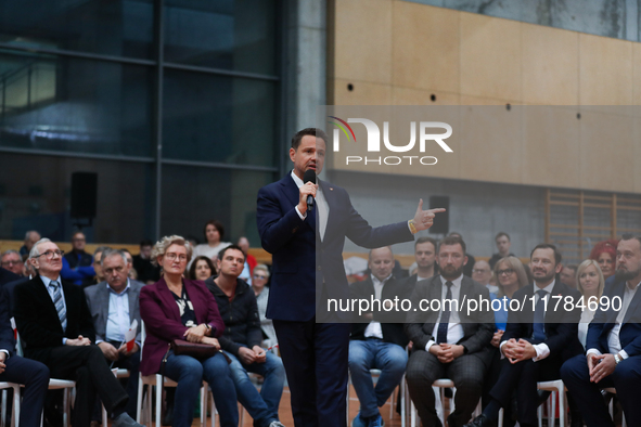 In Krakow, Poland, on November 16, 2024, Rafal Trzaskowski, a candidate for president in the primaries, attends a meeting at Hala Com-Com Zo...