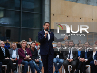 In Krakow, Poland, on November 16, 2024, Rafal Trzaskowski, a candidate for president in the primaries, attends a meeting at Hala Com-Com Zo...