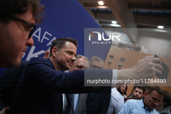 In Krakow, Poland, on November 16, 2024, Rafal Trzaskowski, a candidate for president in the primaries, attends a meeting at Hala Com-Com Zo...