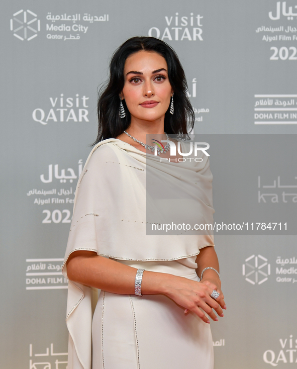 Turkish actress Esra Bilgic attends the 'Sudan, Remember Us' red carpet during the screening on the opening night of the Ajyal Film Festival...