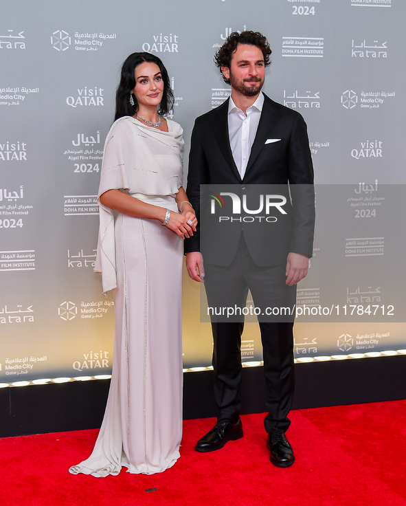 Turkish actress Esra Bilgic (L) attends the 'Sudan, Remember Us' red carpet during the screening on the opening night of the Ajyal Film Fest...