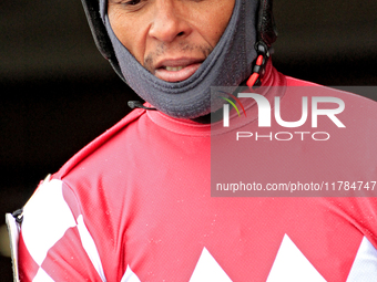 Jockey Patrick Husbands rides Gild the Lily out of the paddock ahead of the first race at Woodbine Racetrack in Toronto, Canada, on November...