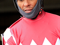 Jockey Patrick Husbands rides Gild the Lily out of the paddock ahead of the first race at Woodbine Racetrack in Toronto, Canada, on November...