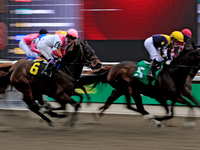 Jockey Daisuke Fukumoto rides Fortyfiveseventy (6) in the first race at Woodbine Racetrack in Toronto, Canada, on November 16, 2024. (