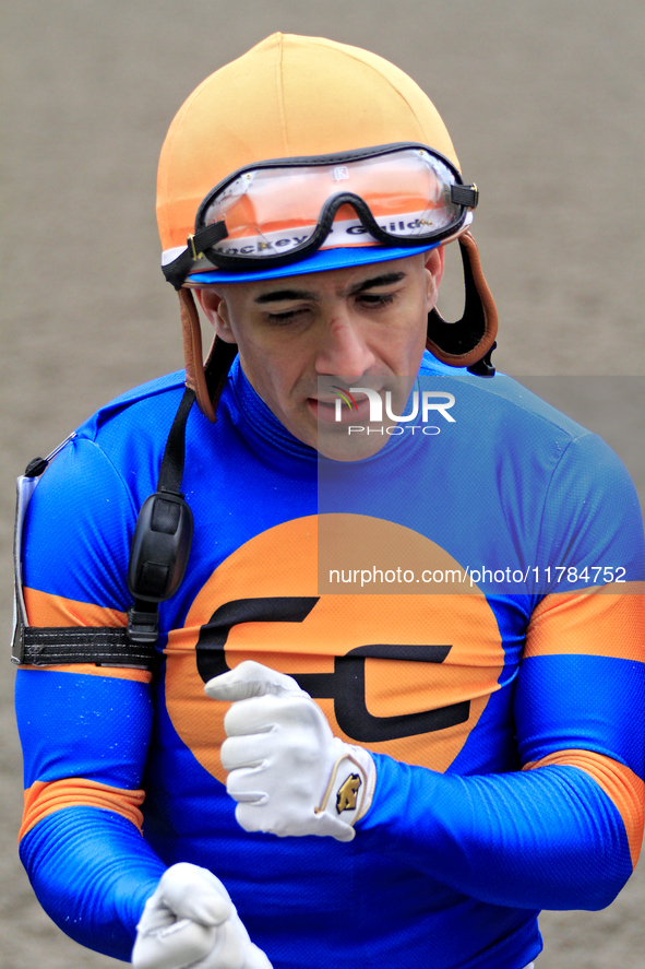 Jockey Rafael Hernandez leaves the track following a win in the first race at Woodbine Racetrack in Toronto, Canada, on November 16, 2024. 