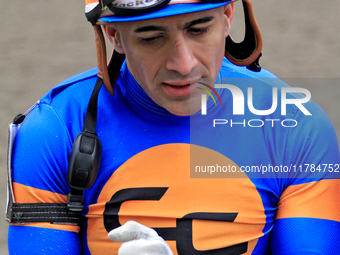 Jockey Rafael Hernandez leaves the track following a win in the first race at Woodbine Racetrack in Toronto, Canada, on November 16, 2024. (