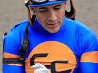 Jockey Rafael Hernandez leaves the track following a win in the first race at Woodbine Racetrack in Toronto, Canada, on November 16, 2024. (