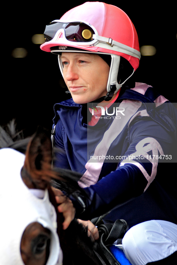 Jockey Amanda Vandermeersch rides Lulu's Lullaby out of the paddock for the second race at Woodbine Racetrack in Toronto, Canada, on Novembe...