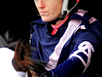 Jockey Amanda Vandermeersch rides Lulu's Lullaby out of the paddock for the second race at Woodbine Racetrack in Toronto, Canada, on Novembe...