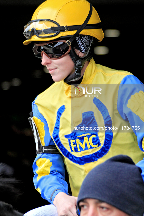 Jockey Cheyenne Kerr rides Speedy River out of the paddock for the second race at Woodbine Racetrack in Toronto, Canada, on November 16, 202...