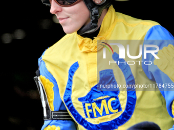 Jockey Cheyenne Kerr rides Speedy River out of the paddock for the second race at Woodbine Racetrack in Toronto, Canada, on November 16, 202...