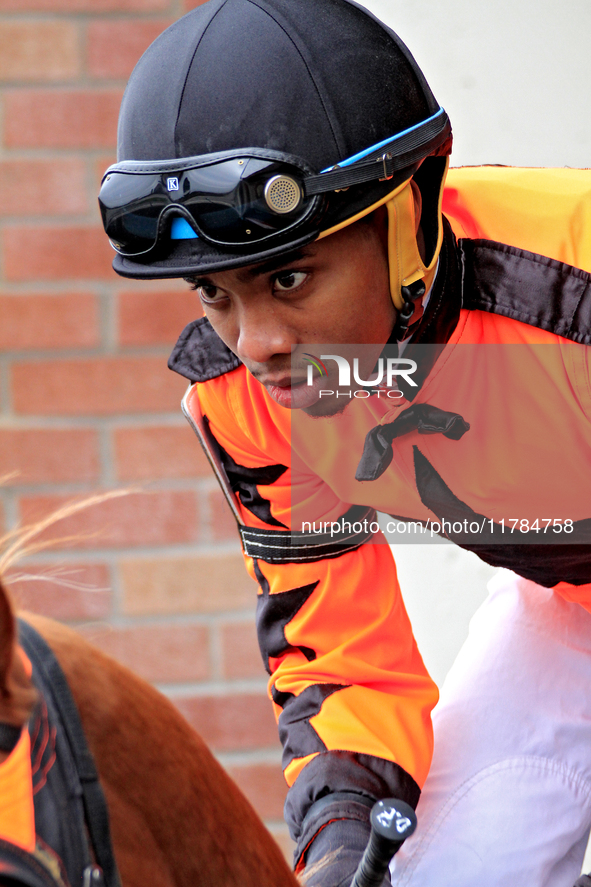 Jockey Desean Bynoe rides out of the paddock for the second race at Woodbine Racetrack in Toronto, Canada, on November 16, 2024. 