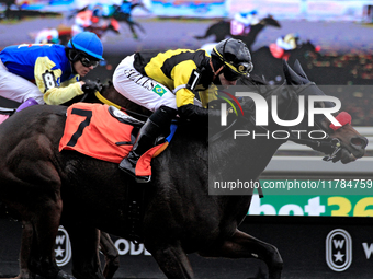 Jockey Leo Salles rides Emerald Lake to a win in the second race at Woodbine Racetrack in Toronto, Canada, on November 16, 2024. (