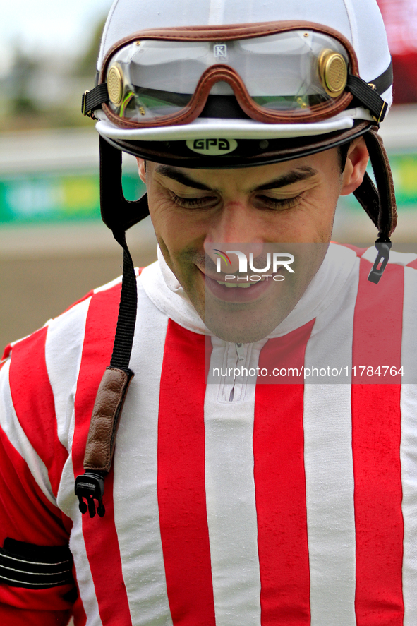 Jockey Sahin Civaci smiles as he leaves the track after riding Exchange Day to a win in the third race at Woodbine Racetrack in Toronto, Can...