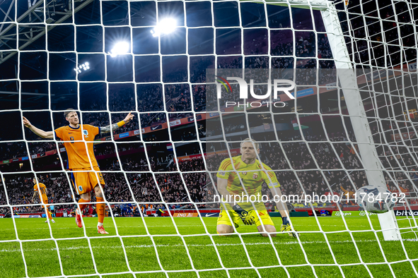 Netherlands midfielder Teun Koopmeiners scores the 4-0 during the match between the Netherlands and Hungary at the Johan Cruijff ArenA for t...